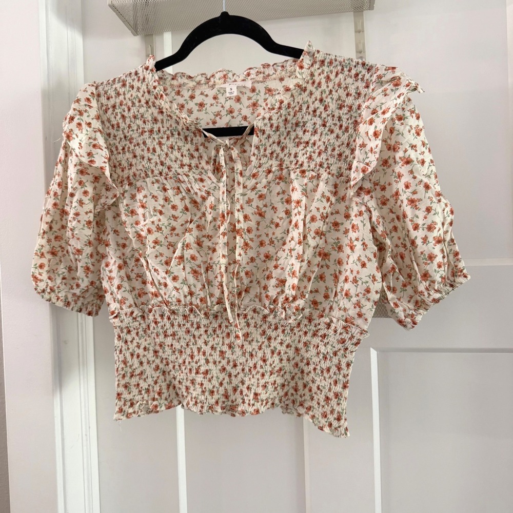Blu Pepper S Floral Smocked Ruffle Tie Front PuffSleeve Blouse Cream Cottagecore